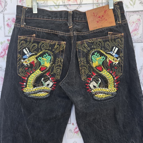 Vtg Ed Hardy Mens Black Denim Jeans Embroidered Snake Skull Top Hat Baggy 36x34